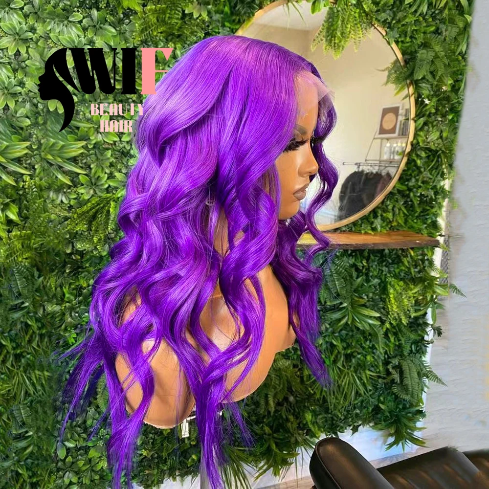 WIF Body Wave Purple Colored Hair Synthetic Lace Wig Natural Hairline Long Wavy Fiber Lace Front Wigs Women Cosplay Makeup Wear