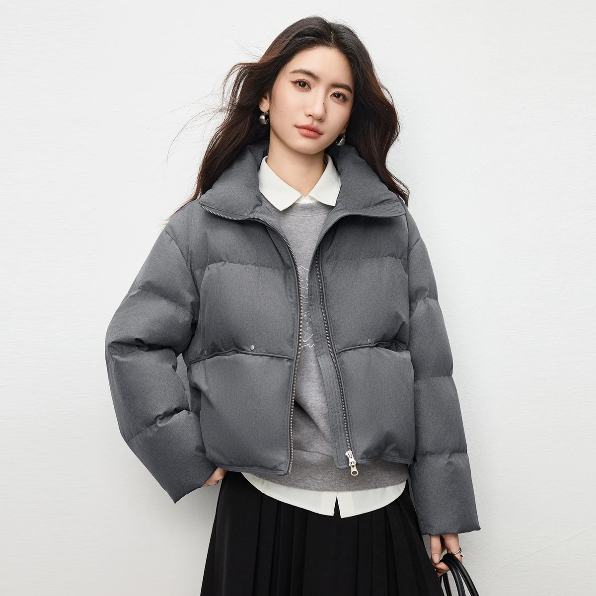 SENTUBILA Women's Down Jacket 2025 Winter Stand Collar Short Down Coats Double-Zipper Pockets Outerwear Female Clothes W54YC2653