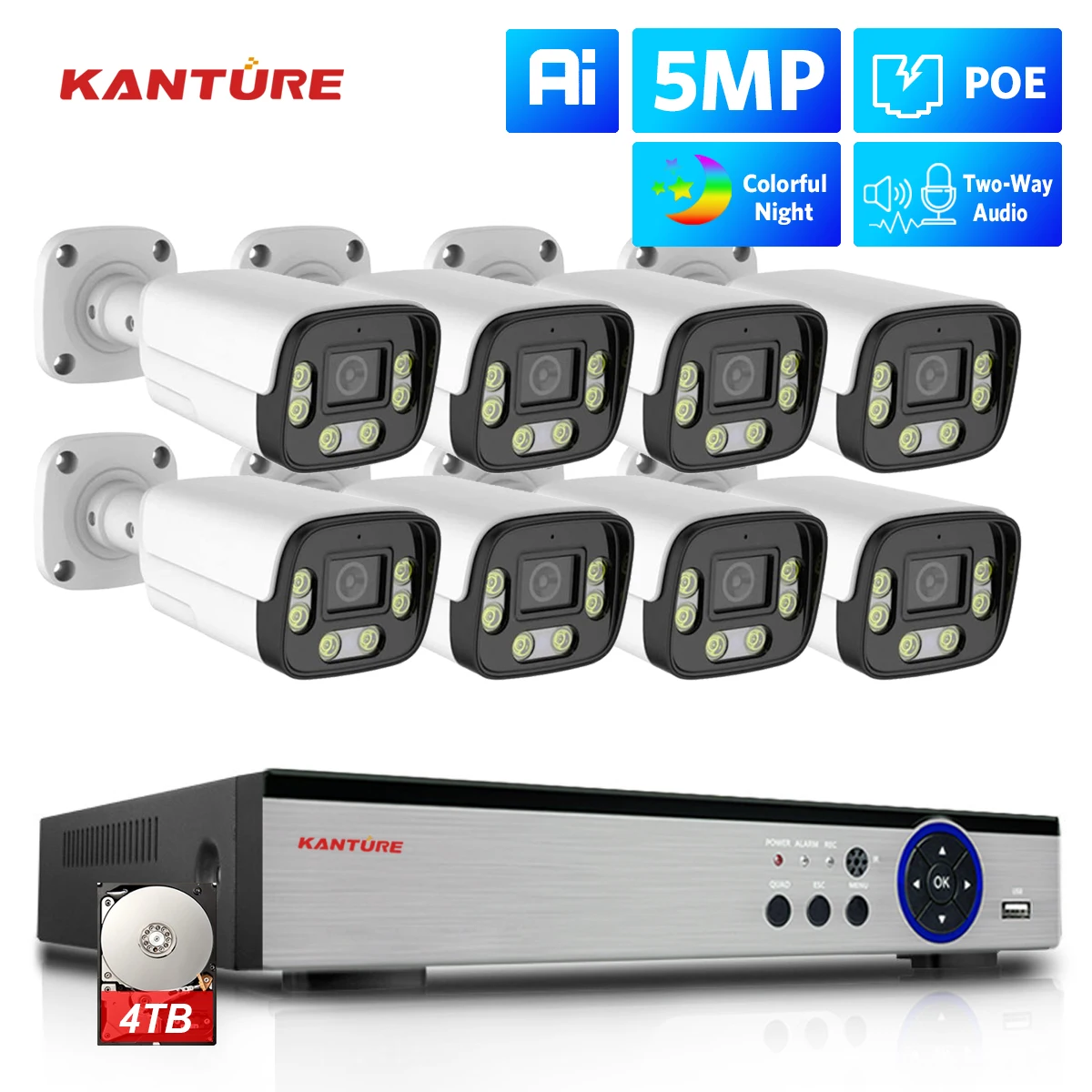 

KANTURE 8CH 5MP Ai Human Detection Outdoor Two Way Audio Color Night Security Camera System Video Surveillance Kit Xmeye P2P