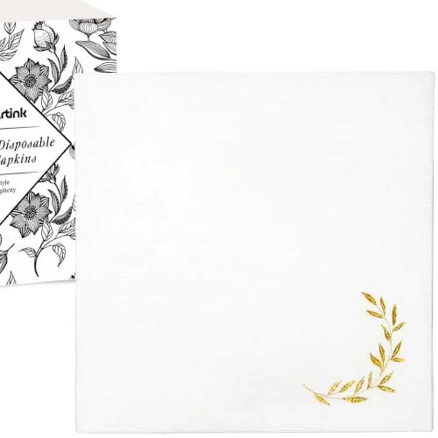 

50 Linen-Feel Gold Foil Cocktail Paper Napkins, White and Gold Disposable Cloth-Like Beverage Napkin for Wedding, Anniversary,