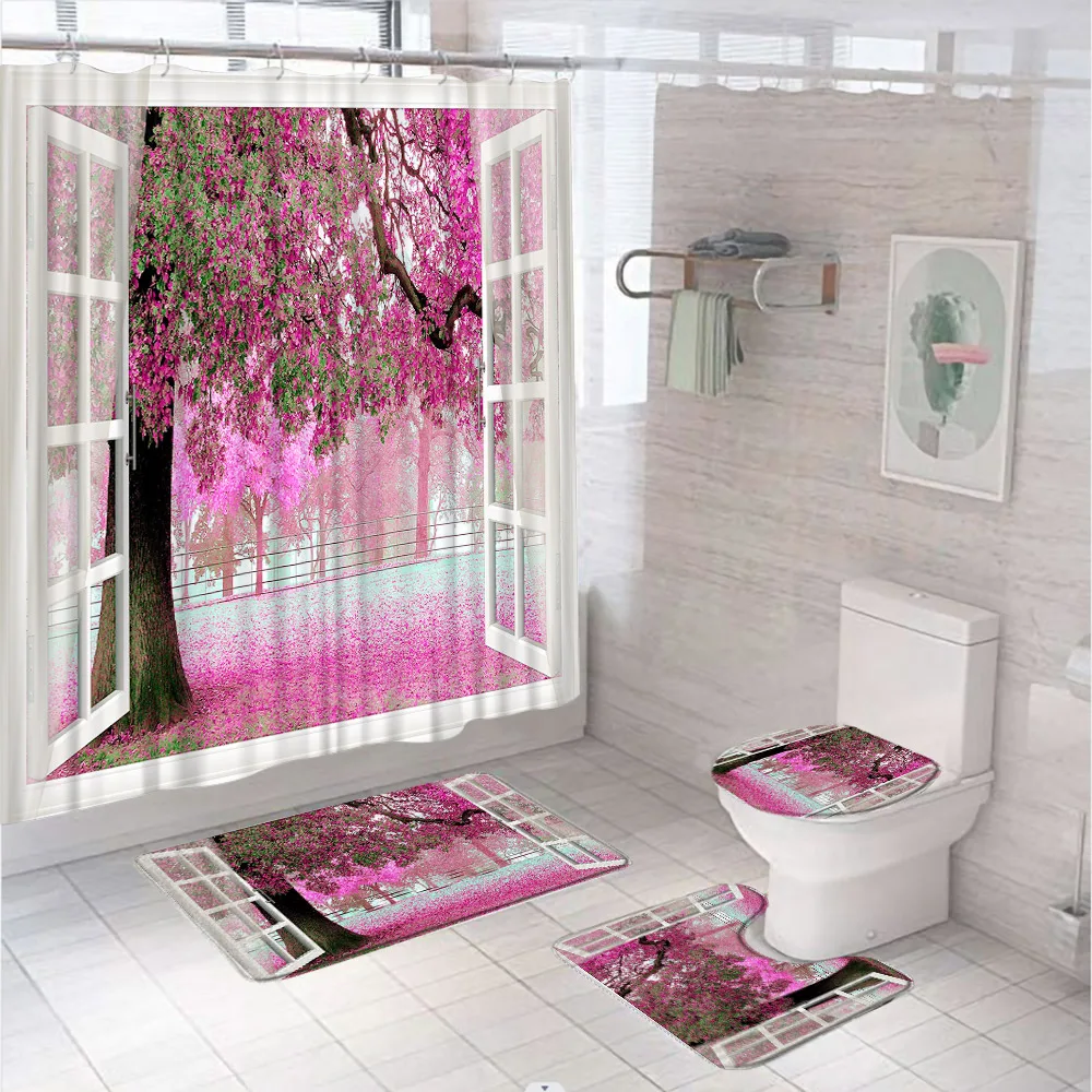 

4Pcs Pink Flowers Tree Garden Scenery Shower Curtain Set White Wooden Window Bathroom Screen Anti-slip Bath Mat Toilet Cover Rug