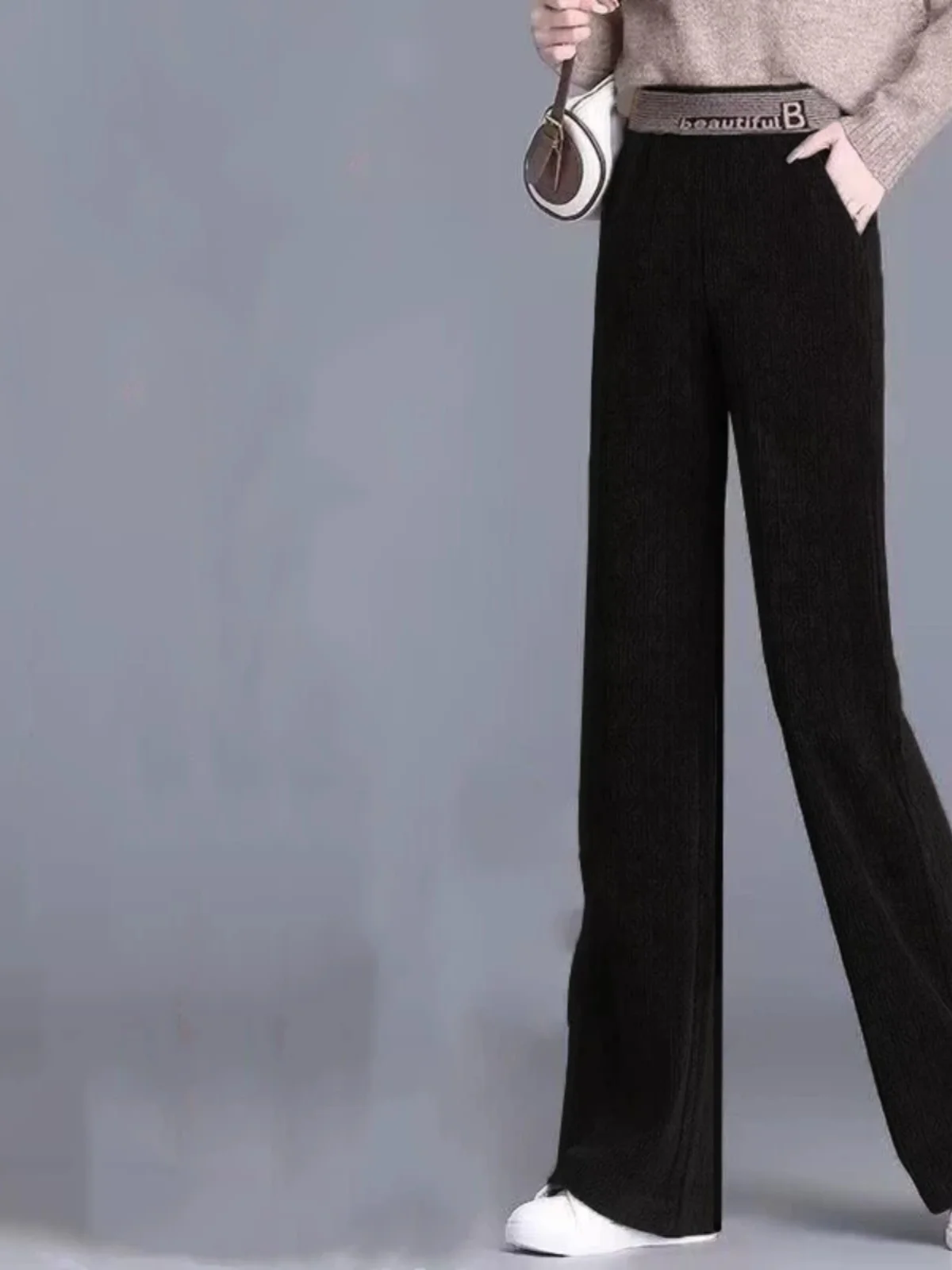 하이웨이스트 벨벳 와이드 레그 팬츠 여성용 가을 겨울 신상 슬리 드레이프 안감 있는 캐주얼 바지 한국 스타일