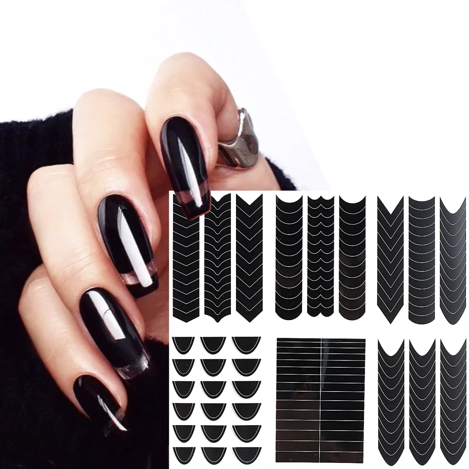 Stylizacja paznokci francuski zestaw naklejek pomocniczy czarny DIY wydrążony pasek z uśmiechem zakrzywiony Half Moon falowy półksiężyc naklejki do Manicure # I-IT