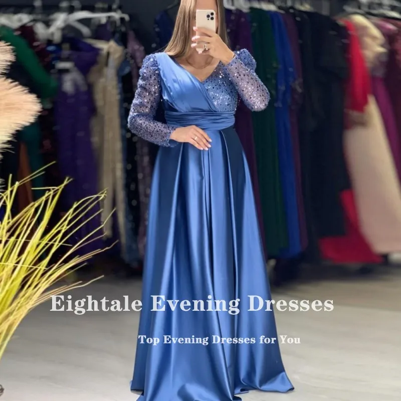 Eightale Haze Blue Evening Dresses V-Neck Long Sleeves Satin A-Line Customzied Prom Party Gown Wedding sukienki na studniówkę