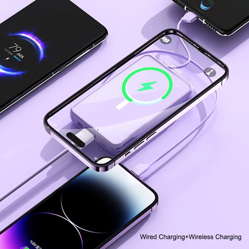 20000mAh Magnetic Qi Wireless Charger Power Bank Built in Cable for iPhone 14 13 12 Xiaomi Samsung 22.5W Fast Charging Powerbank