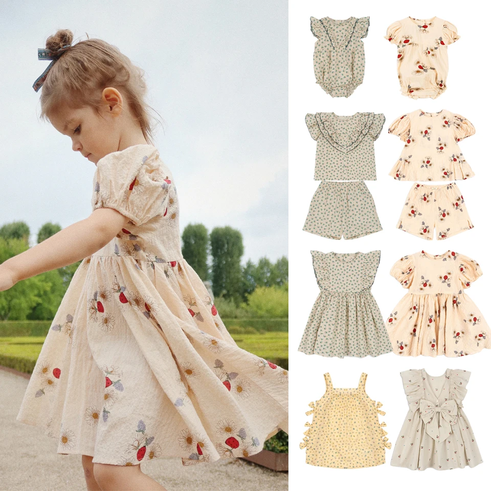 KS Beetle Short Sleeved Dress Floral Kids Romper Top Shorts Set Bow Flying Sleeve Pastoral Style Vacation Kids Clothes Girls