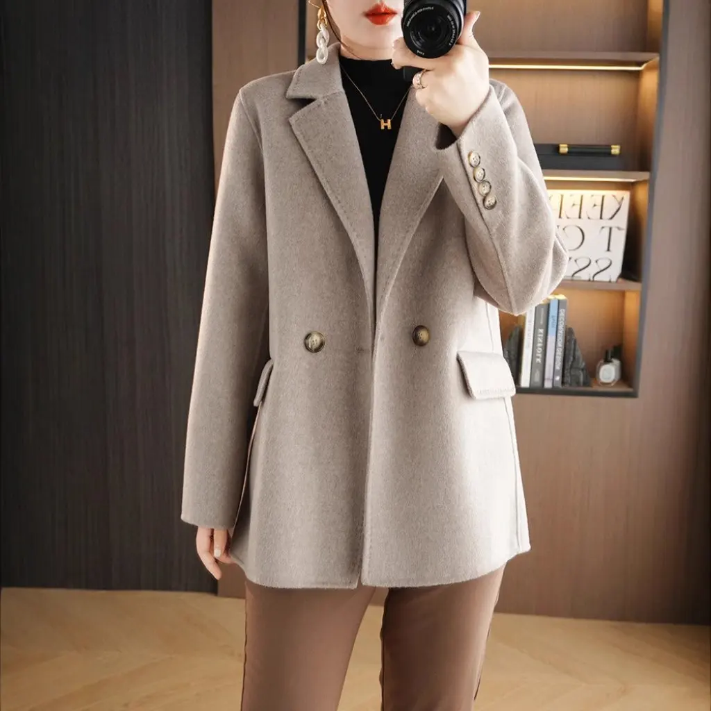 

Women's Mid-Length Slim-fit Woolen Coat Double-sided Collar Small Autumn Winter 100% Woolen Wear