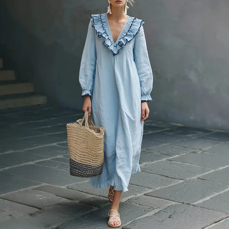 Women Solid Deep V Neck Maxi Dress Patchwork Trim Ruffled Collar Puff Long Sleeve Loose Flowy Dress Casual Vacation Boho Dresses