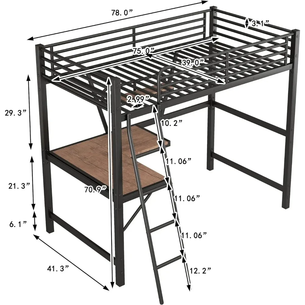 Doppel-/Voll-Hochbett mit Schreibtisch und Ablage fach, Hochleistungs-Hochbett aus Metall in Doppel größe mit Leiter und Leitplanke, Jugendliche, Erwachsene