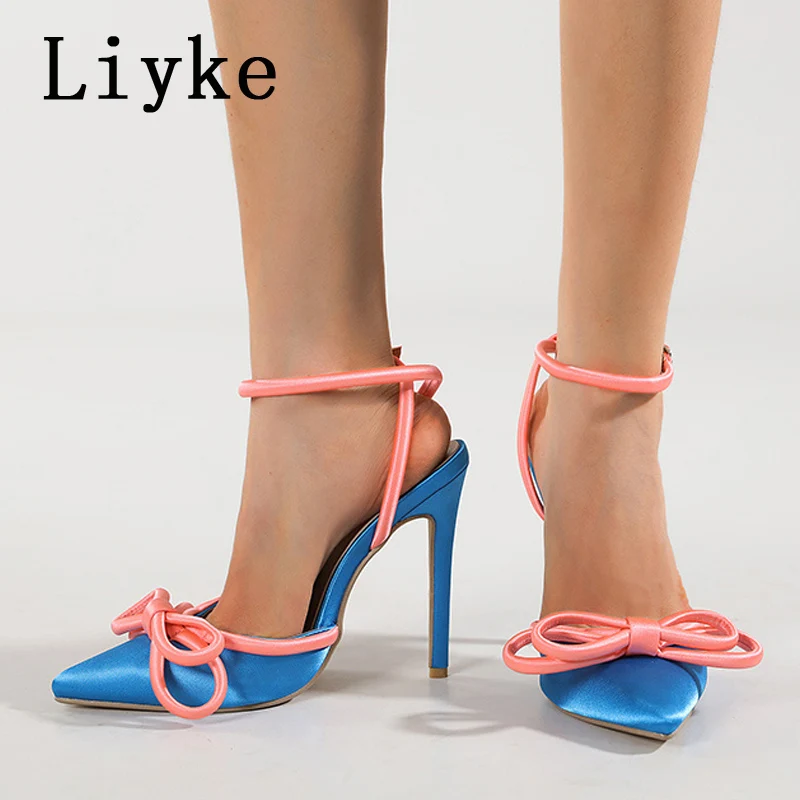 Liyke Summer Party Wedding High Heels For Women 2024 Fashion Pink Bowknot Stiletto Sandals Pointed Toe Buckle Strap Shoes Pumps