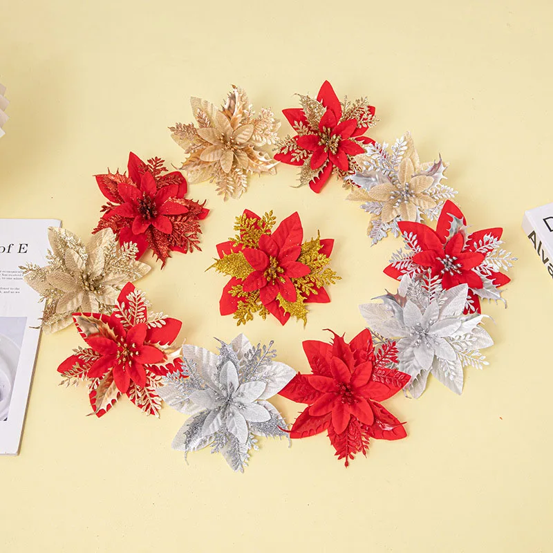 Artificial flores de natal ouro prata brilho em pó falso flores decorações da árvore de natal enfeites de natal para o ano novo