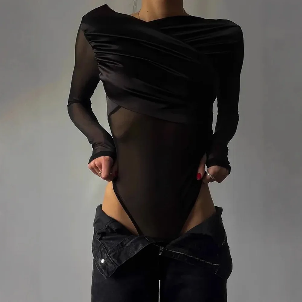 아프라반트 여성 오프숄더 바디수트 탑 루치드 롱 슬리브 메쉬 벨벳 패치워크 슬림 원피스 티셔츠 템퍼먼트 스트리트웨어