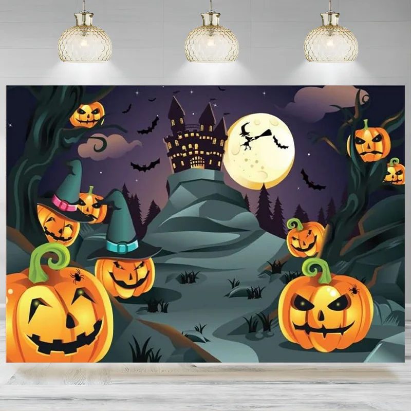 Halloween Themed Photography Backdrop Castle Pumpkin Head Flying Bats Under Moonlight Background Photo Studio Props Banner