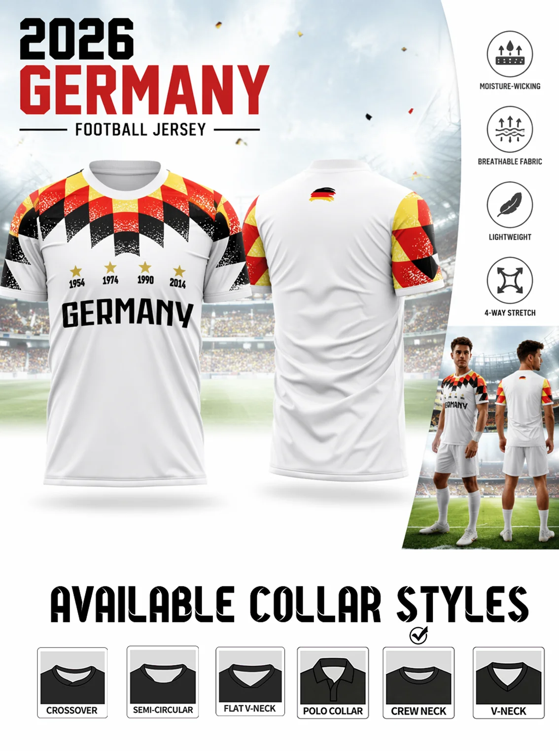 Germany national football jersey,GERMANY logo,mini flag print on back,moisture‑wicking fabric,stretchy loose fit