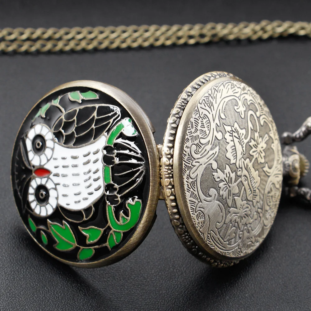 Retro Drop Glue Owl Design Quartz Necklace Pocket Watch Arabic Numerals Dial Antique Full Hunter Pendant Unisex Gifts