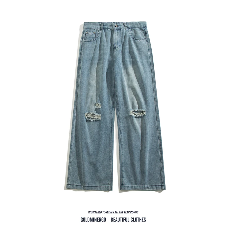 

Мужские джинсы в японском ретро-стиле, широкие брюки с эффектом потертости, однотонные, свободного прямого кроя, повседневные брюки