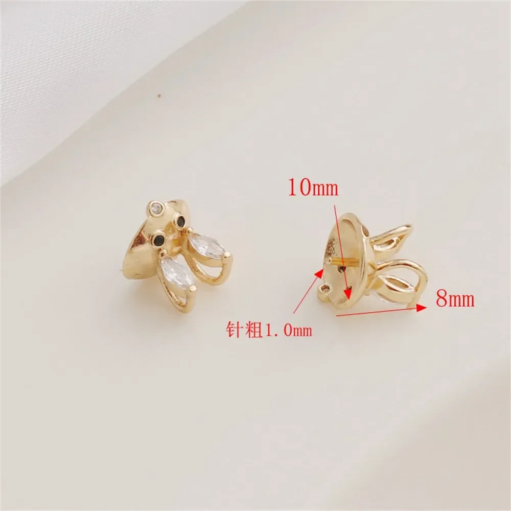 14k Gold-Intarsien Zirkon Kaninchen Ohr Katze Halbloch Klebrige Perle mit Nadelauflage 10mm Perle Anhänger Diy Schmuck Charm Zubehör