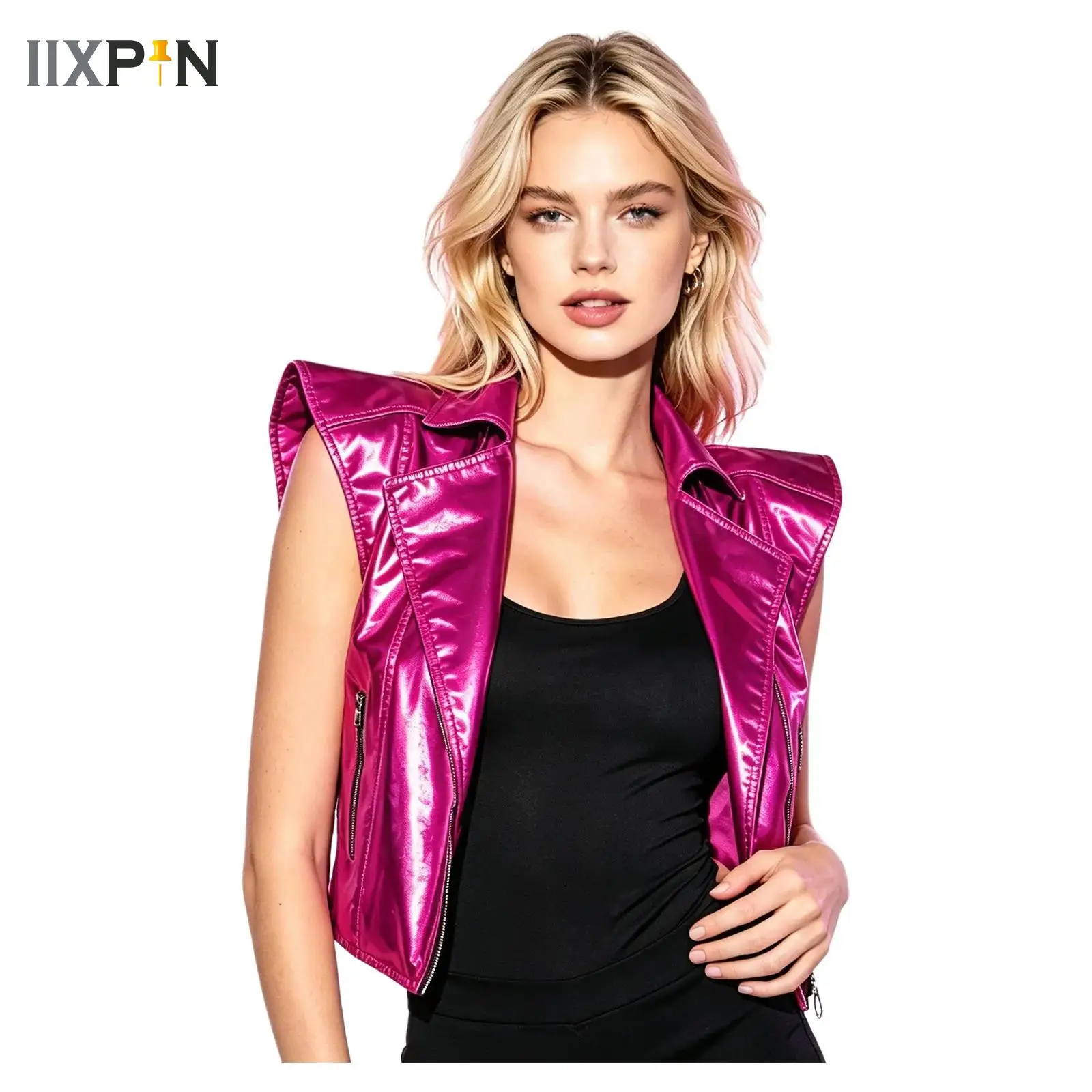 Women Metallic Shiny Club Vest Notched Lapel V Neck Front Zipper Sleeveless Waistcoat Stylish Punk Jazz Motorcycle Tank Top