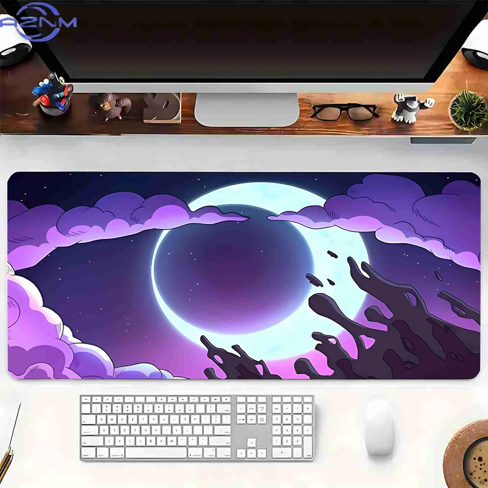 1pc Full Moon Eclipse Clouds Gaming & Office Desk Mat - Purple Night Sky with Stars & Moon Design, Non-Slip Rubber Base & Polyes