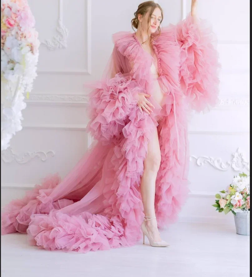 

Tulle Ruffle Boudoir Pregnancy Photoshoot Robe Ruffle Maternity cloak For Baby Shower Gender Reveal bridal Dress wedding