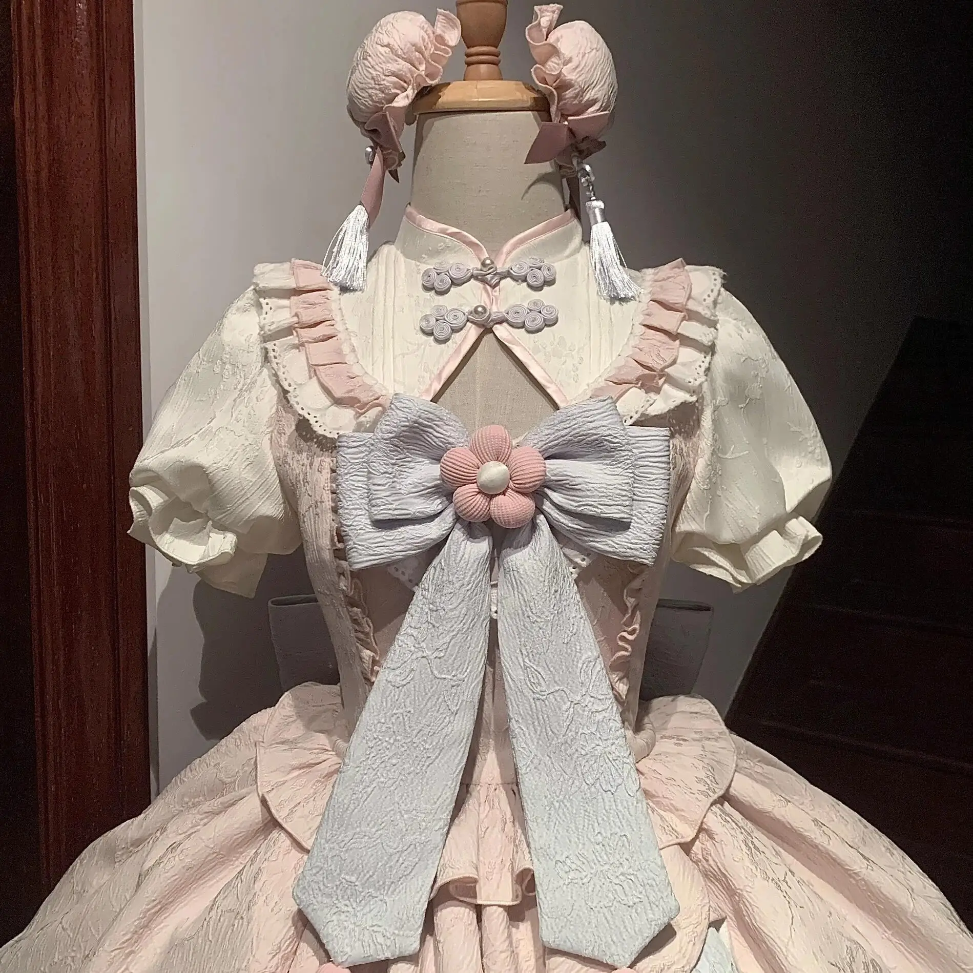 النمط الصيني لوري لو الوردي فستان بأكمام قصيرة المرأة اليابانية الحلو لطيف القوس كشكش حافة Kawaii فستان قصير الفتيات Y2k فساتين #2