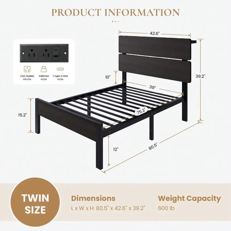 Twin/Full/Queen/King Size Bed Frame With Led Light & Built-In Charging Station, Wooden Storage Headboard And Footboard, Metal Platform Bed With Under Bed Storage, No Box Spring Needed, Noise Free, Black view 8