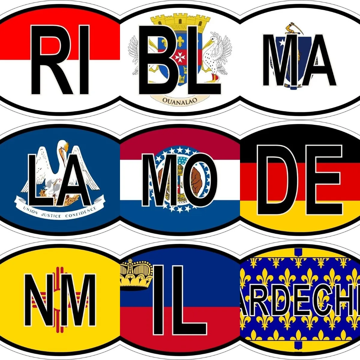 

Oval Flag Country Code BL MO RI DE LA IL MA NM ARDECHE Vinyl Country Code Sticker Hot Sale Direct Selling Drop Shipping