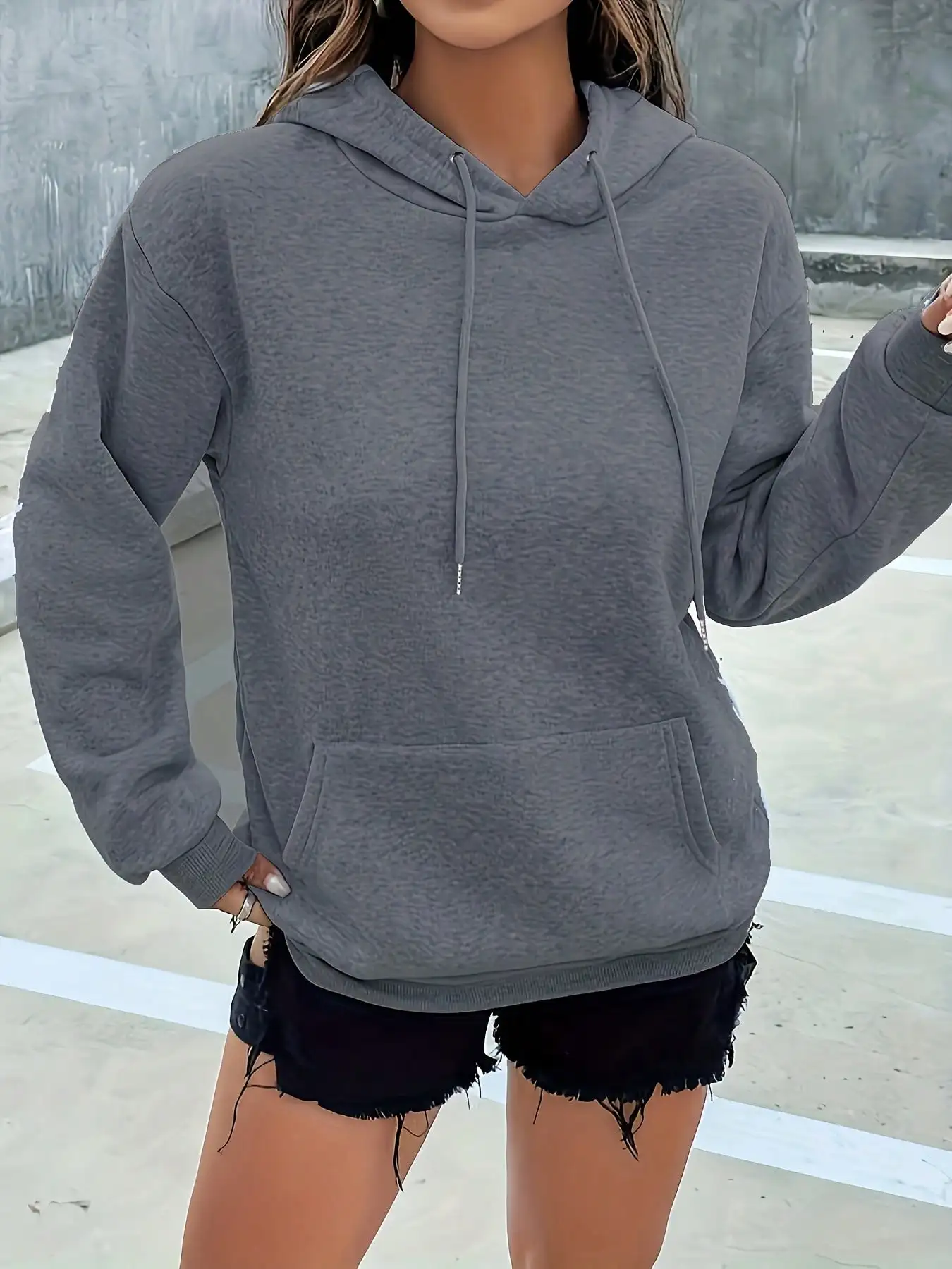 

Women's Gray Hoodie with Drawstring, Casual Pullover Sweatshirt, Soft Polyester, Pocket, Autumn Winter