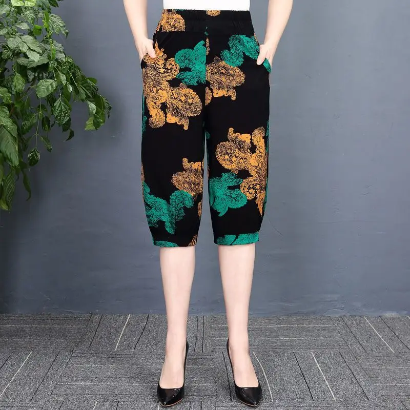 

Summer Capris Pants Women Breeches 2022 High Waist Pants Printed Cotton Silk Thin Loose Knee Length Trousers Casual Baggy Pants