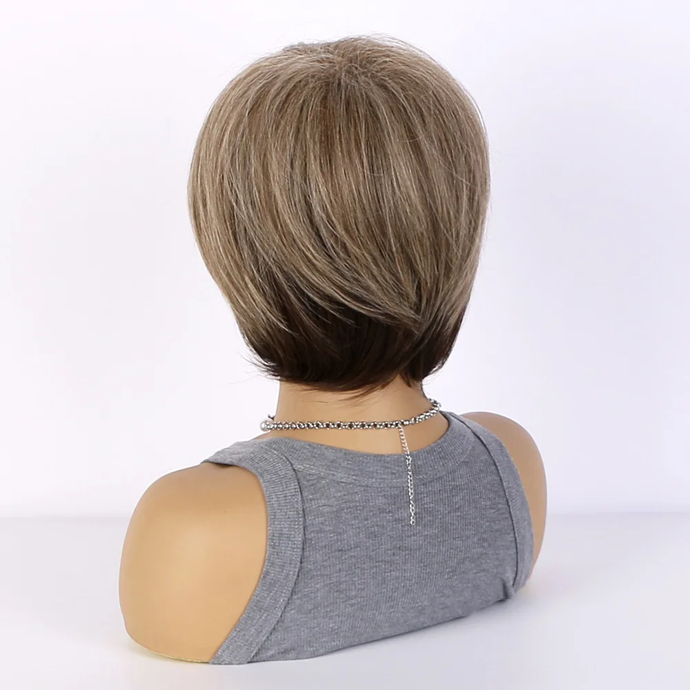 Damesmode Pruiken Synthetische Pixie Cut Blonde Ombre Haar Hoge Temperatuur Pluizige Natuurlijke Micro Krullend Kostuum Feest Vrouwelijke Pruik