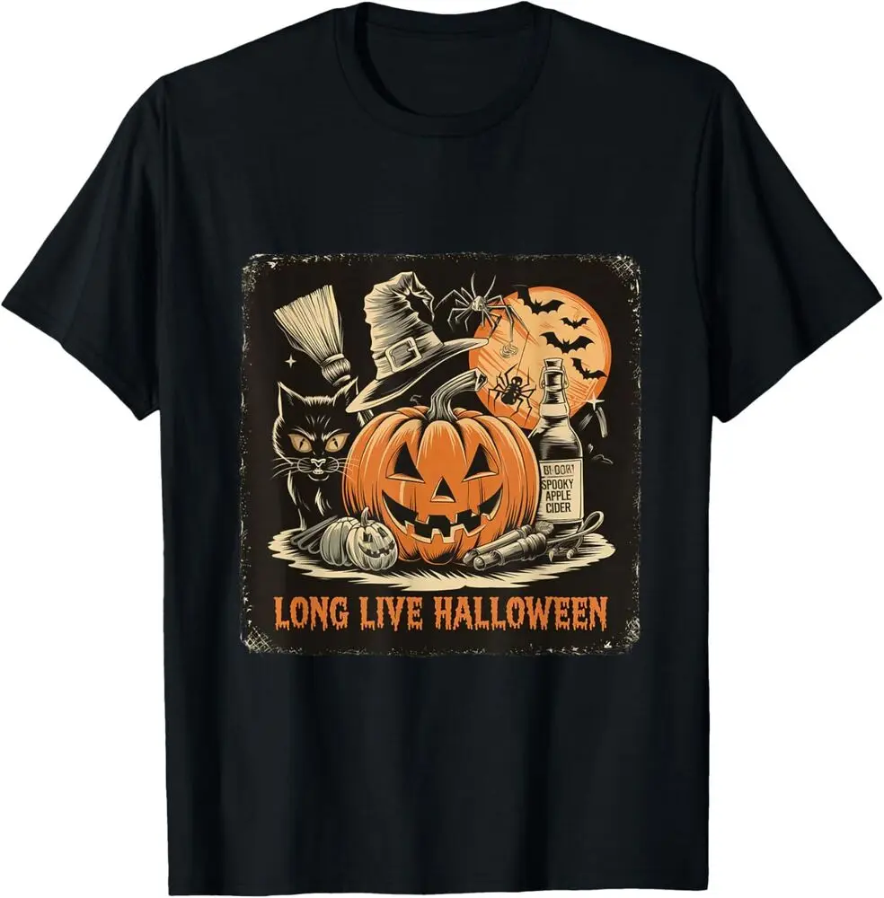 Retro Long Live Halloween Cat Pumpkin Bats Broom Witch Hat T-Shirt