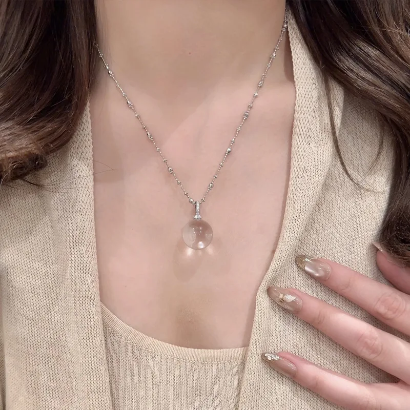 

Natural Clear Crystal Round Ball Pendant Silver Necklace White Gold Plated Women Summer Choker Chain