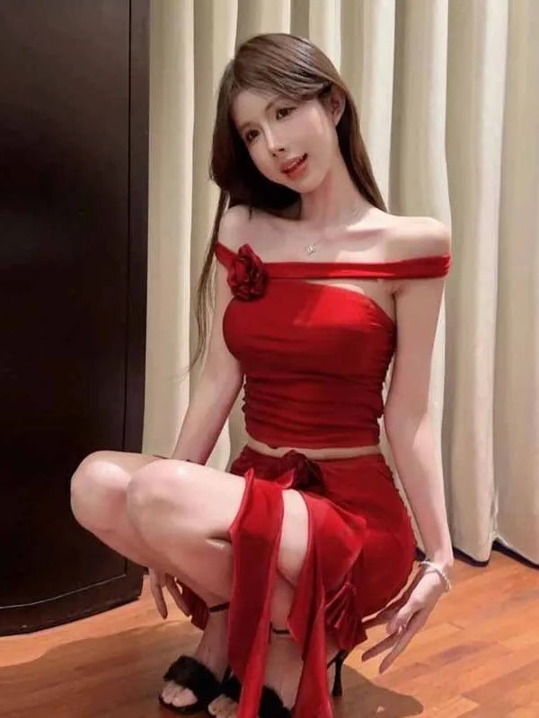 2024 Summer Spicy Girl Irregular Wine Red Set Slanted Collar Backless Slim Short Top+low Waist Ruffled Skirt Two Piece Set 5R4C