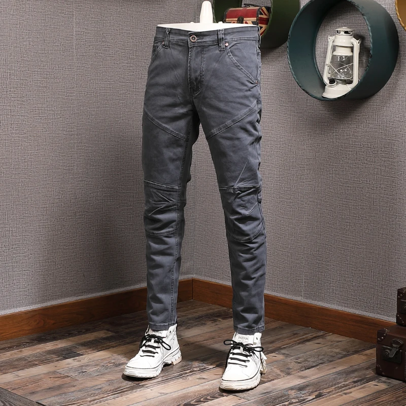 Newly Designer Fashion Men Jeans Spliced Stretch Slim Fit Army Green Jeans Men Trousers Streetwear Hip Hop Elastic Pants Hombre