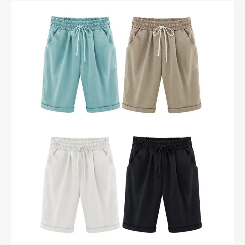 سراويل صيفية رفيعة متوسطة الطول مقاس كبير غير رسمية للنساء قابلة للتنفس وخفيفة الوزن بخمسة أرباع للسيدات