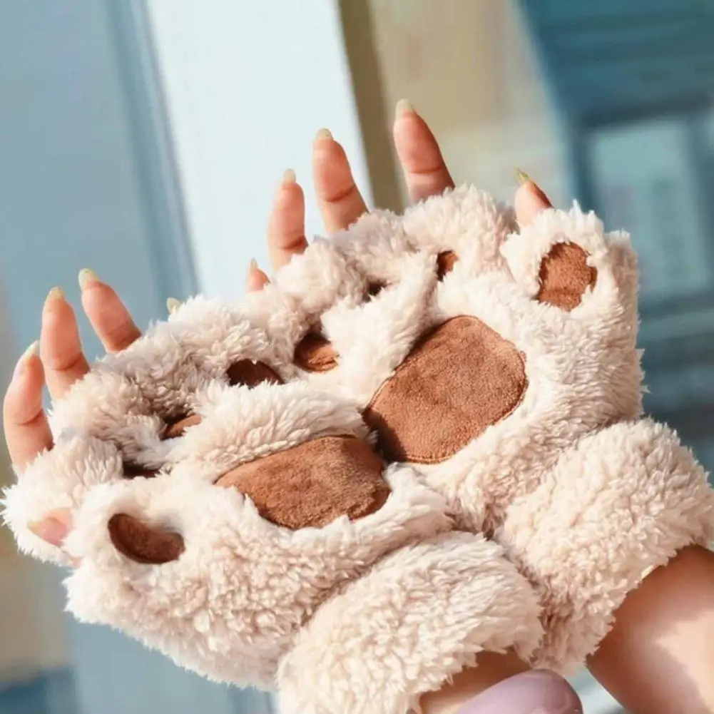 Warm Comfortable Gloves Cozy Plush Cat Paw Claw Gloves for Women Cute Winter Kitten Mittens Warm Non-slip Fingerless for Office