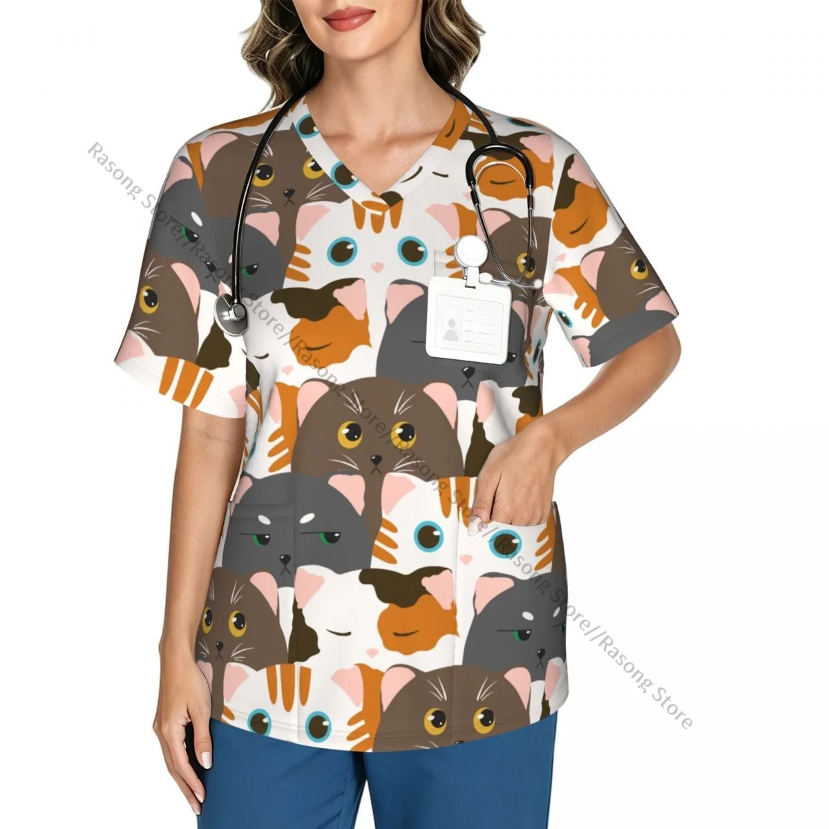 Women's Scrub Tops Short Sleeve Workwear Shirts V Neck Fitness Nursing Uniform Funny Cats Pullover Spa Doctor Nursing Shirt