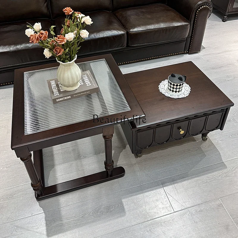 

yj19 French Retro Square Solid Wood Coffee Table for Living Room, American Style Small Apartment Tea Table, Extendable Modern