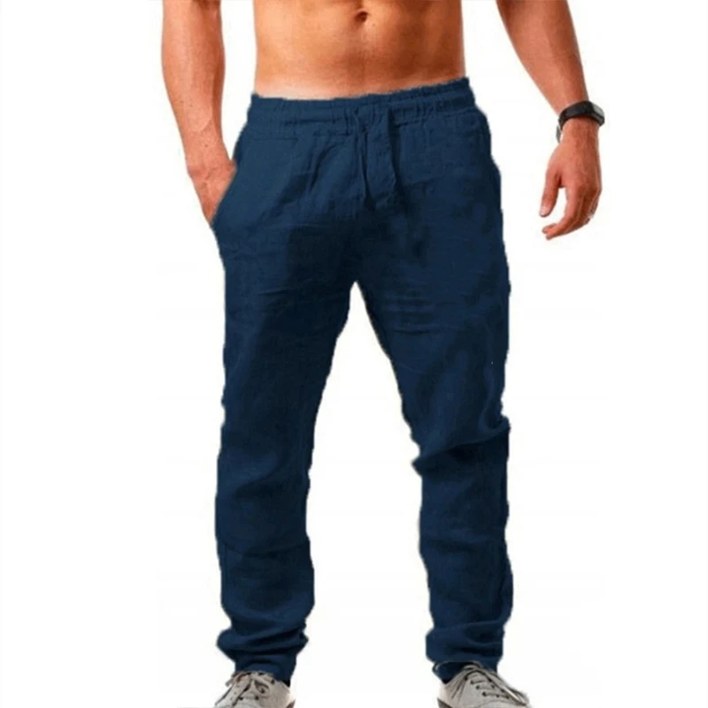 Pantalon de sport long en coton et lin pour hommes, pantalon de proximité, mode décontractée, respirant, extérieur, monochromatique, grande taille, été