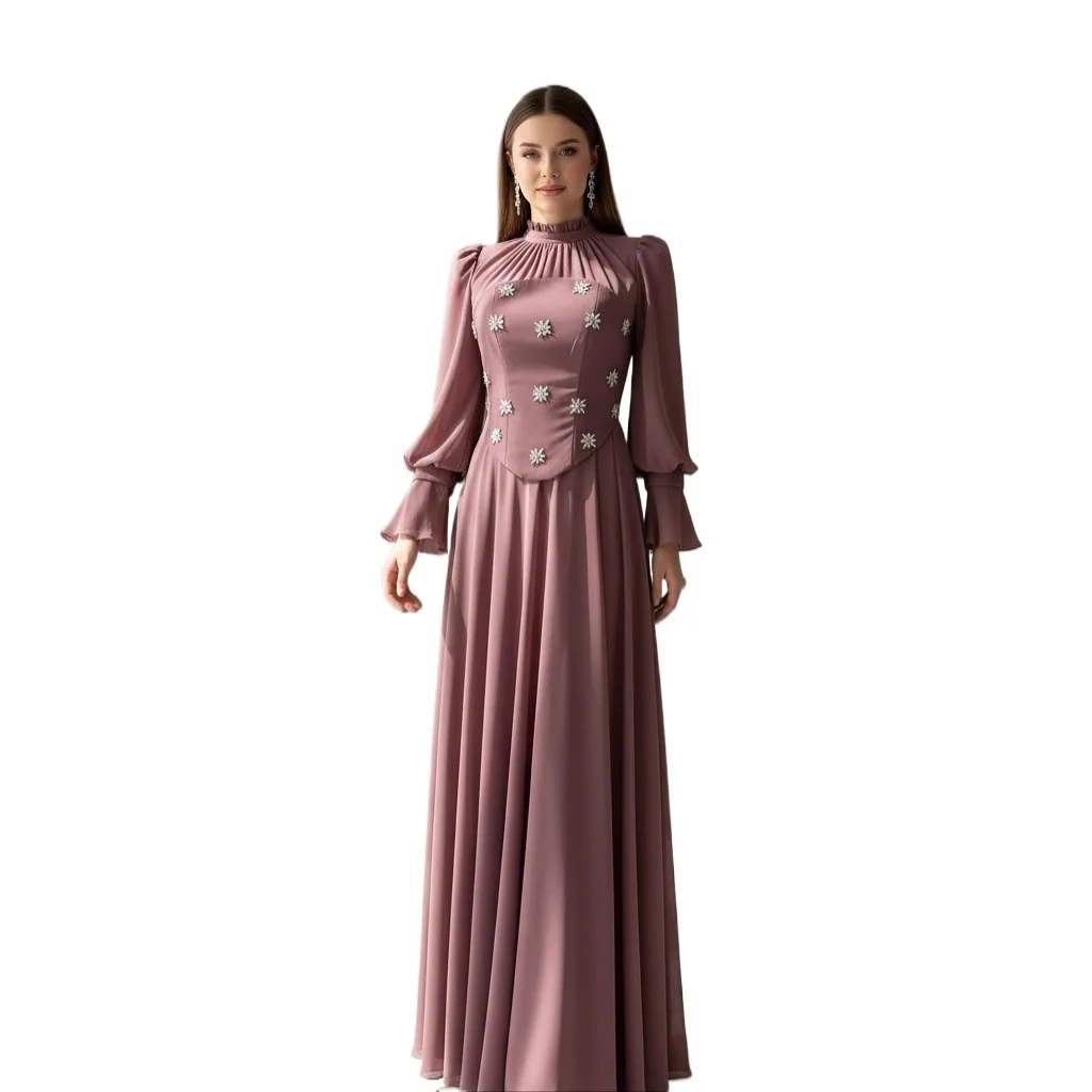 

Elegant Flower Beading Chiffon Long Formal Evening Party Dress With Long Sleeves Corset Two Pieces Set