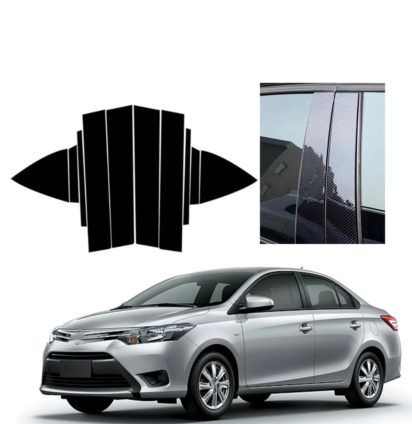 

10Pcs Silver Carbon Gloss Black Pillar Posts Trim Fit For Toyota Vios 4-Door Sedan 2014 2015 2016 2017-2022 Window Sticker