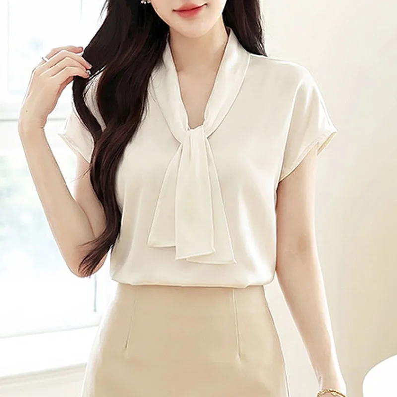 

2026 Women Blouse Shirt Fashion Summer Short Sleeve V-Neck Lace-up Chiffon Blouse Shirt Women Tops Blusa Camisas De Mujer Q4104