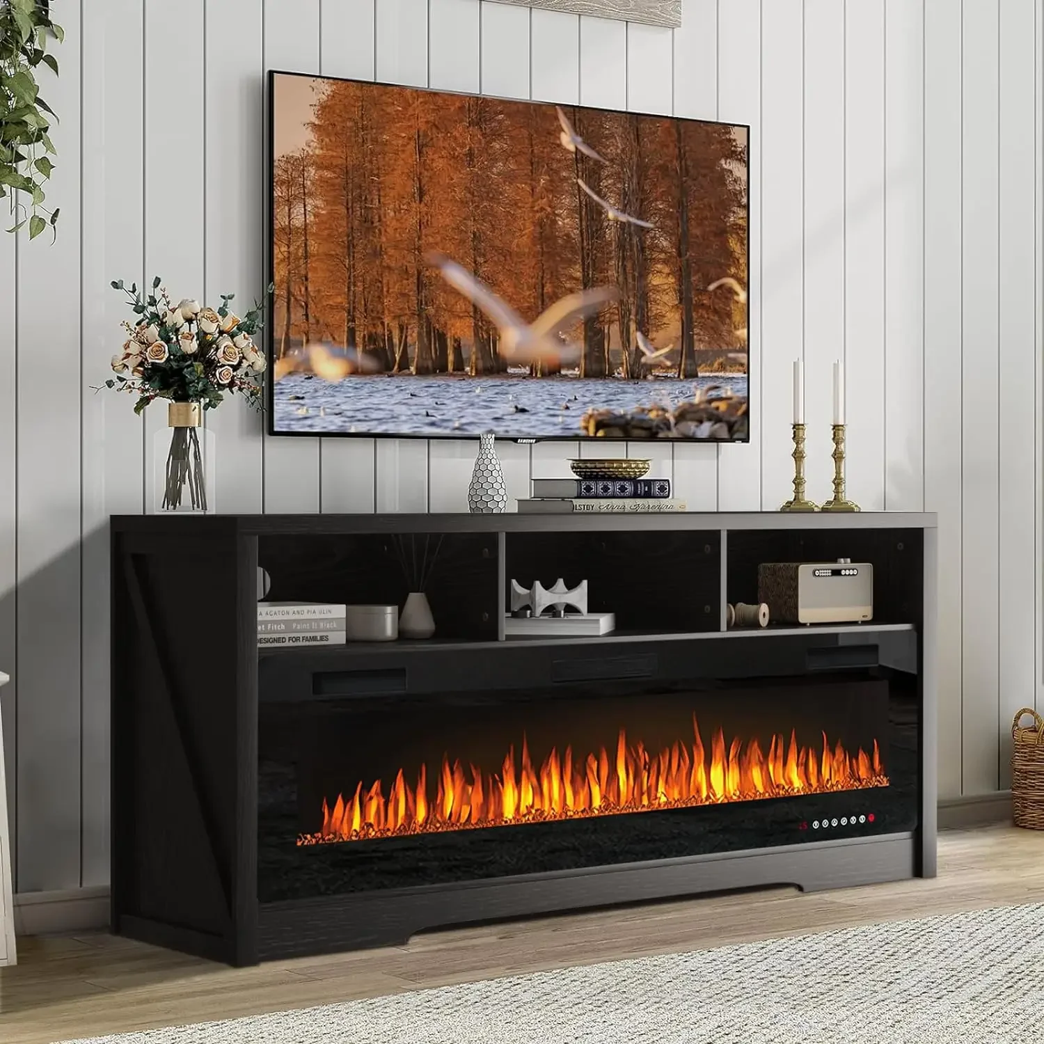 

Fireplace TV Stand for TVs Up to 75"TV with 60"Electric Fireplace,Entertainment Center with Open Shelve Storage,65 inch TV Stand