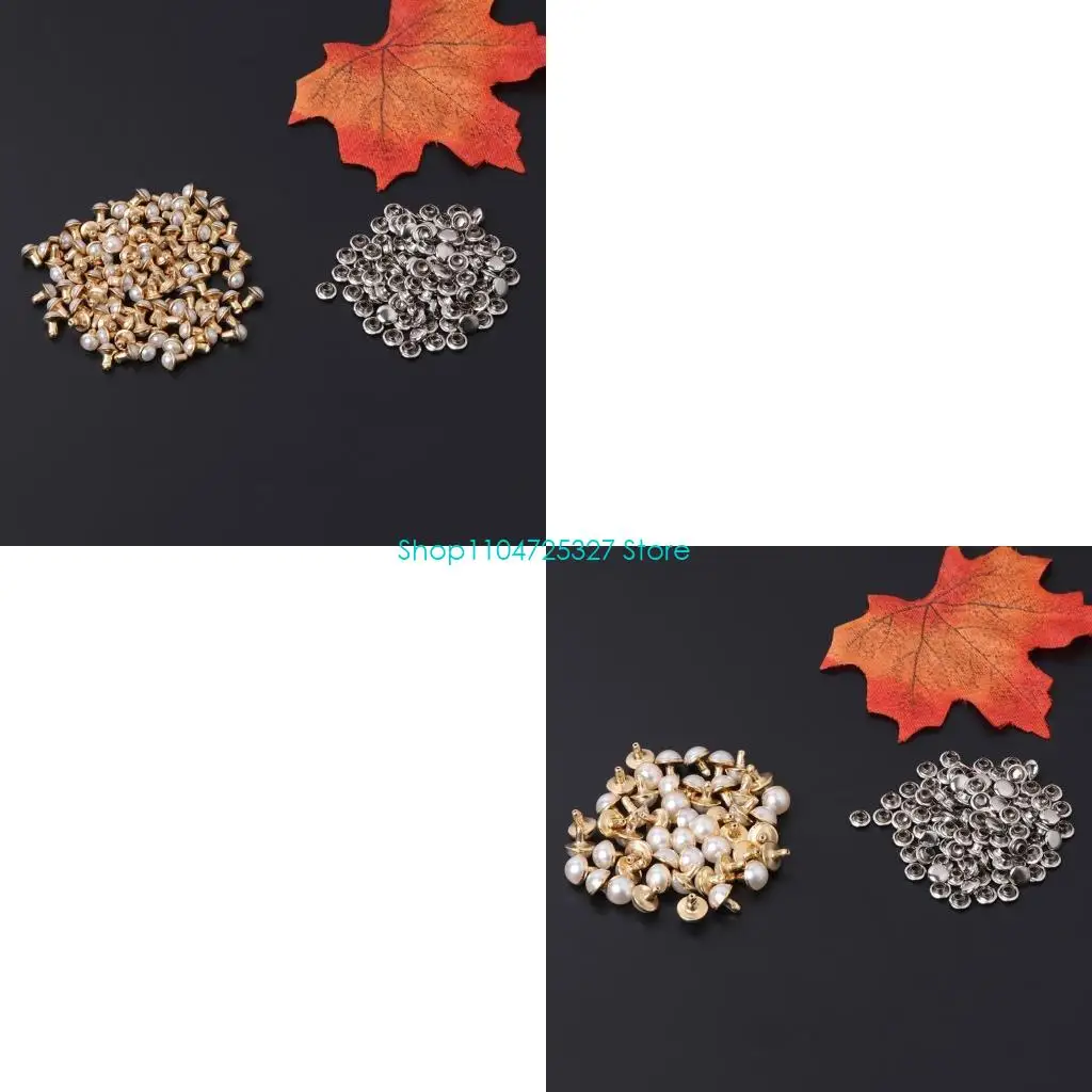 D8KF 100x Imitation Pearls With Rivets Studs Leather Bag Shoes Clothes Crafts Decor