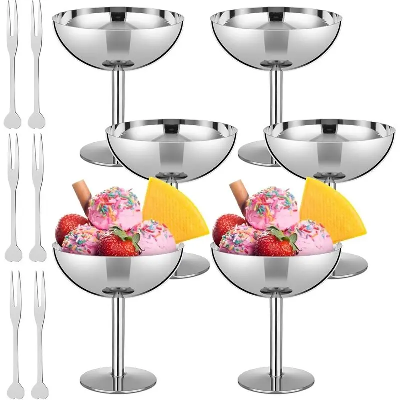 AB66-6 Sets Stainless Steel Ice Cream Cups Bulk Silver Dessert Bowls With Forks 6.7Oz Small Metal Footed Cup For Party Supply