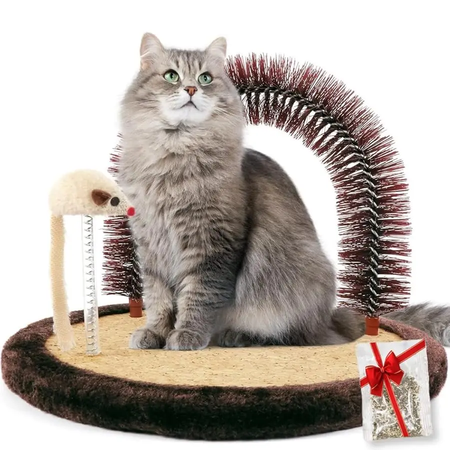 

Happi N Pets Large Cat Self Groomer, Arch Grooming Brush with Heavy Wooden Scratching Pad, Rubbing Post & Toy, Cat Face Scratche