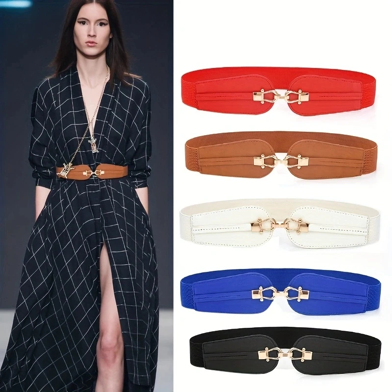 

Elegant Lock Buckle Wide Belts Trendy Solid Color PU Elastic Waistband Classic Dress Coat Girdle For Women