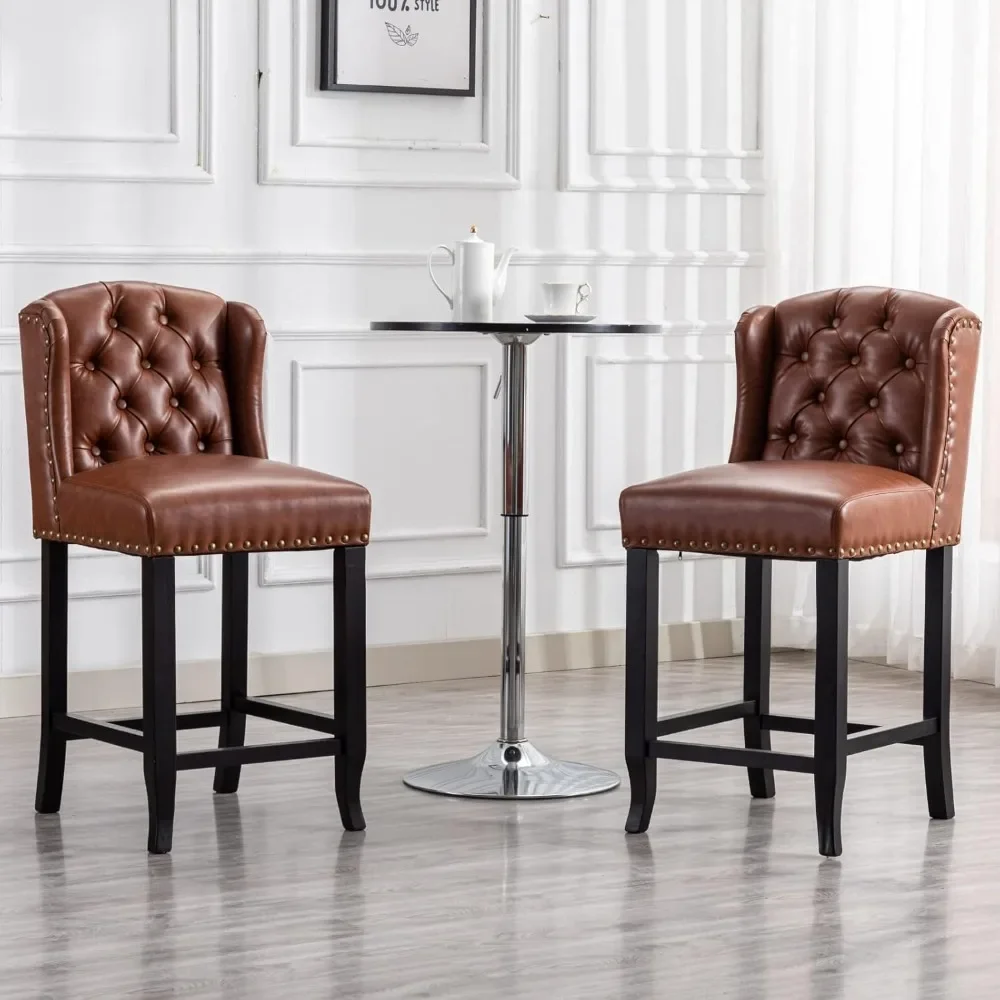 Modern Bar Stools Set of 2, 26 Inches Counter Height with Wood Legs and Button Tufted Backrest, PU Fabric Kitchen Island Chairs