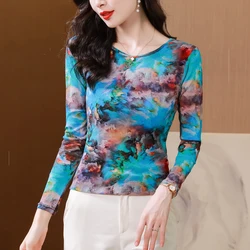 Slim-fitting Mesh Bottoming T Shirt Long-sleeved Elegant Tees Women's Autumn New Floral Top S-4XL