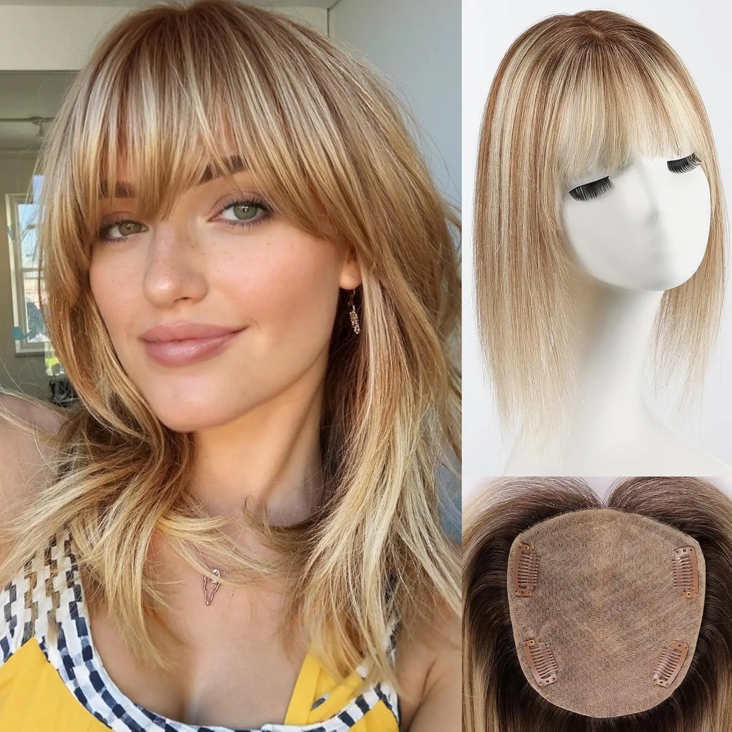 

Brown Blonde Highlight Human Hair Toppers 5x5.5inch Silk Base 4Clips 12inch 100% Real Hair Toppers with Bangs Natural for Women